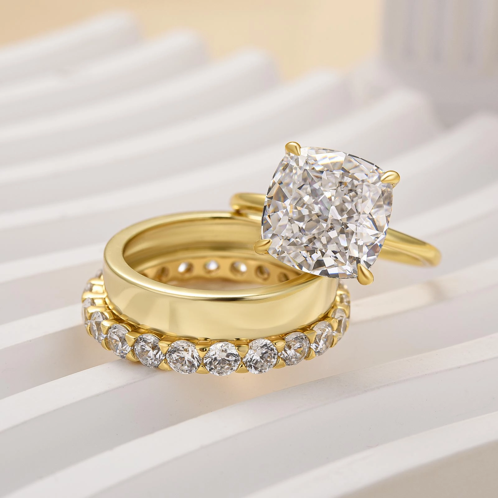 Sculpted Feature Fine Accent Louily 3PC Yellow Gold 5.0 Carat Cushion Cut Women's Wedding Ring Set With Wide Wedding Band