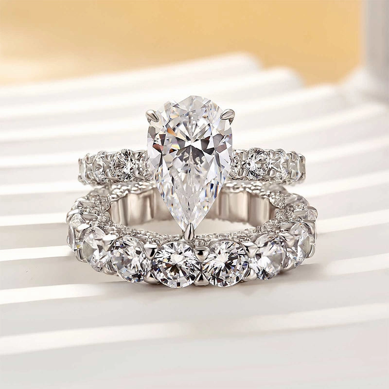 Louily Classic Halo Pear Cut Wedding Ring Set With Eternity Wedding Band Signature Sparkle Glossy Look