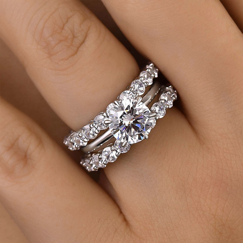 Louily Classic Round Cut 3-Pieces Wedding Set In Sterling Silver Shiny Glam Formal Gift