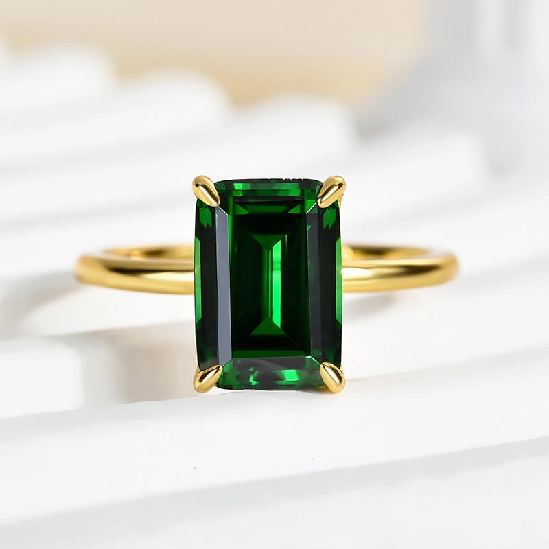 Louily Classic Yellow Gold Emerald Cut Engagement Ring In Sterling Silver Light Detail