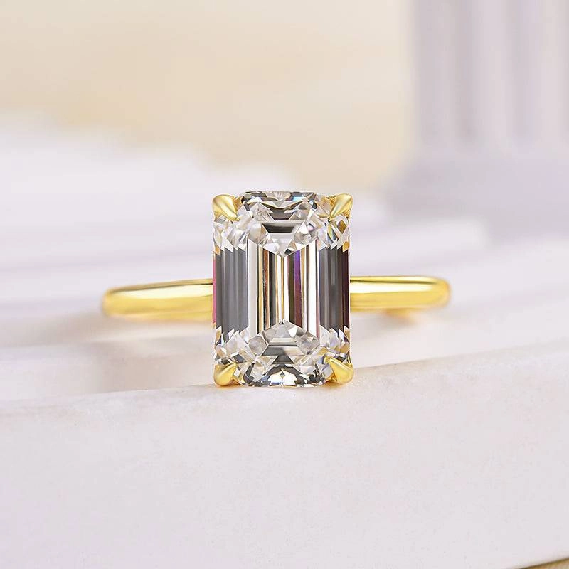 Stylish Form Bold Layering Louily Classic Yellow Gold Emerald Cut Solitaire Engagement Ring