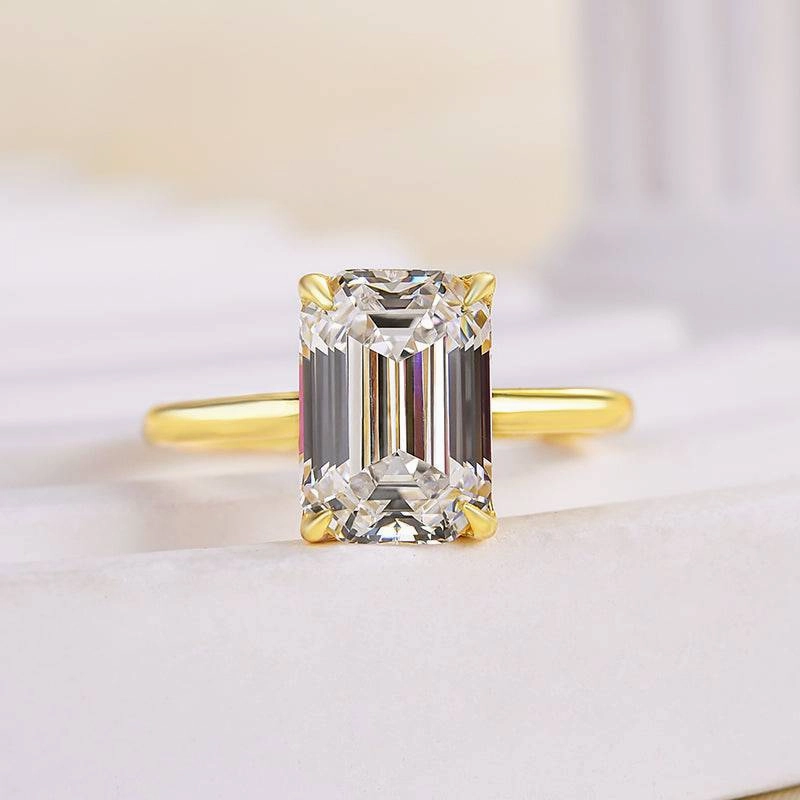 Louily Classic Yellow Gold Emerald Cut Solitaire Engagement Ring Charming Jewelry Design