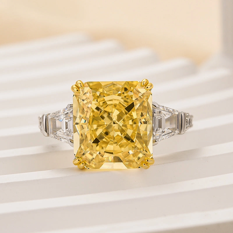Glamorous Finish Gifting Ready Louily Dazzling Yellow Stone Radiant Cut Three Stone Engagement Ring In Sterling Silver