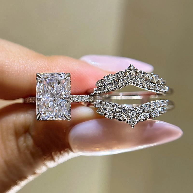 Gloss Edge Everyday Feature Louily Elegant Radiant Cut Insert Wedding Ring Set For Women In Sterling Silver