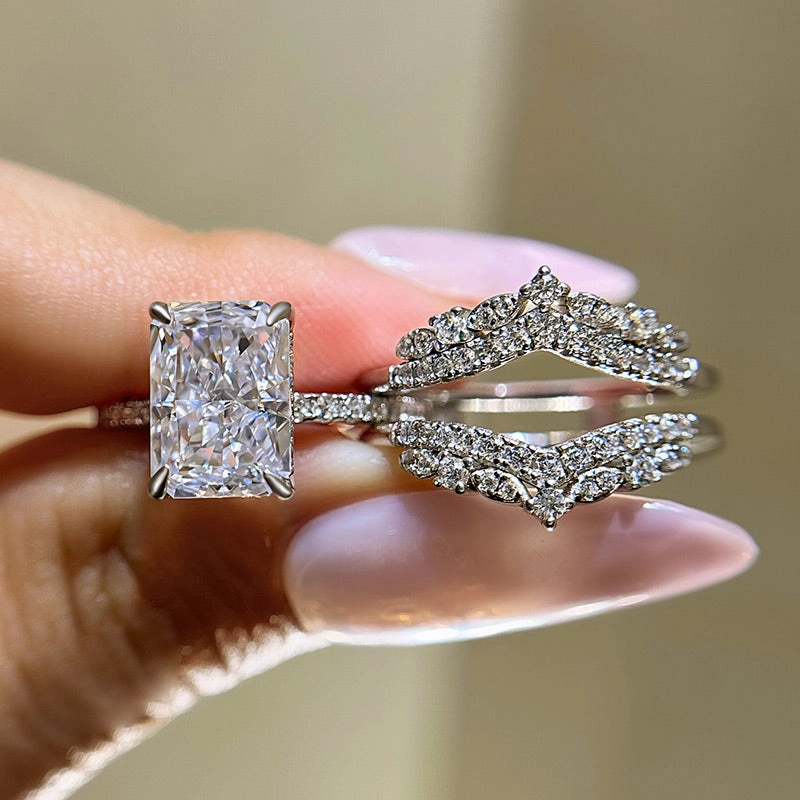 Effortless Style Louily Elegant Radiant Cut Insert Wedding Ring Set For Women In Sterling Silver