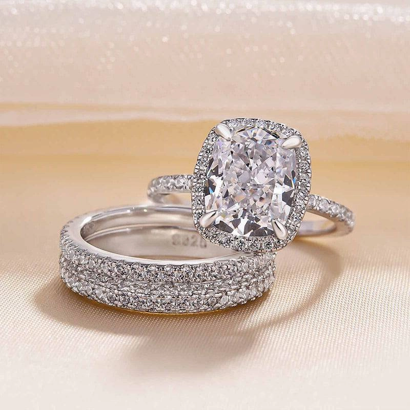 Distinctive Edge Louily Exclusive Halo Cushion Cut 3PC Wedding Set In Sterling Silver