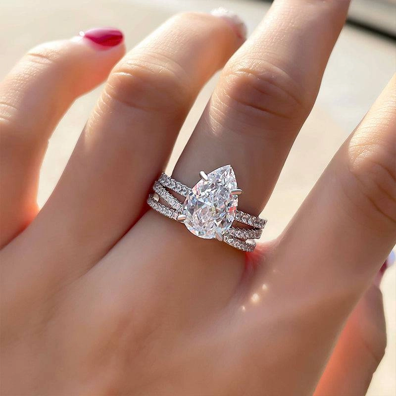 Highlight Accent Nature Inspired Louily Exclusive Pear Cut Wedding Ring Set For Women In Sterling Silver