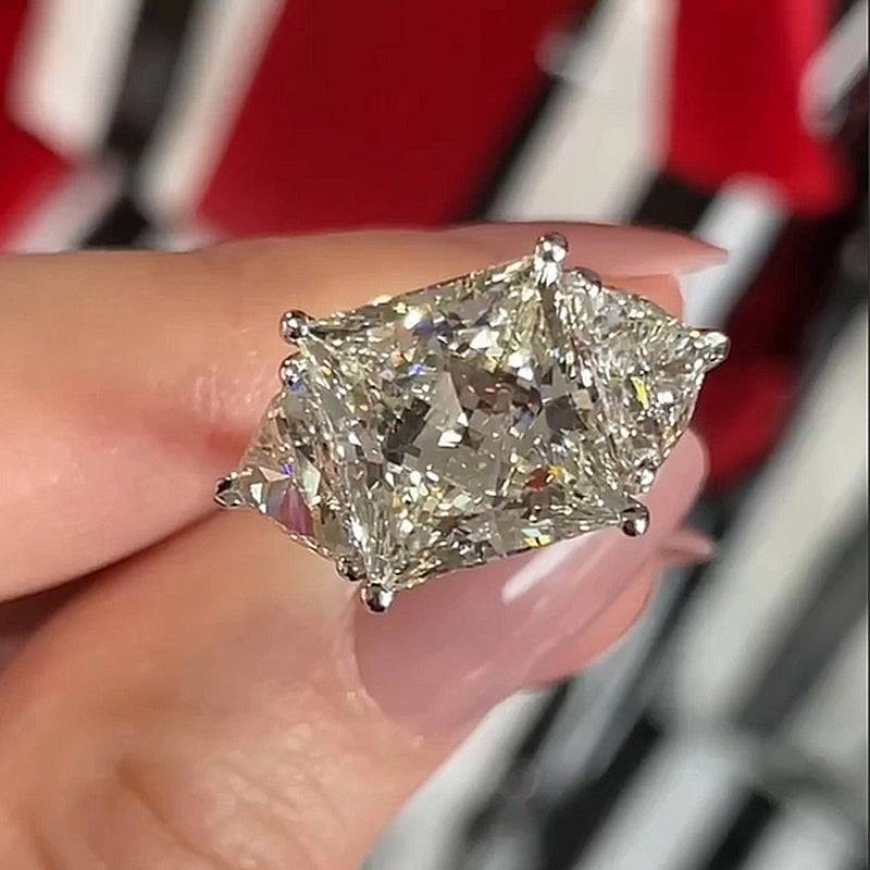 Louily Glittering Crushed Ice Radiant Cut Three Stone Engagement Ring Pure Accent