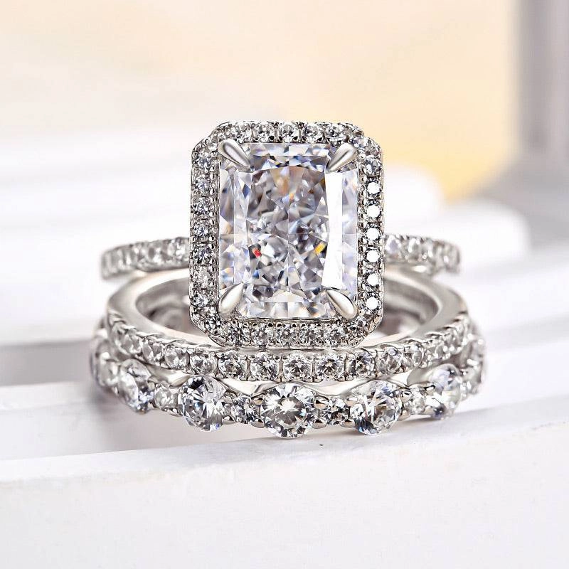 Louily Gorgeous Halo Radiant Cut 3PC Wedding Ring Set For Women In Sterling Silver Sunset Look