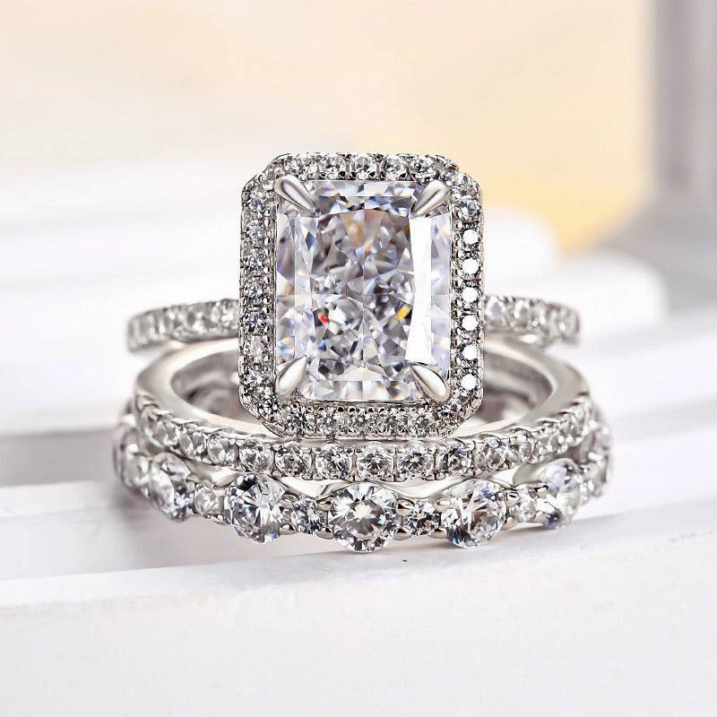 Louily Gorgeous Halo Radiant Cut 3PC Wedding Ring Set For Women In Sterling Silver Premium Style
