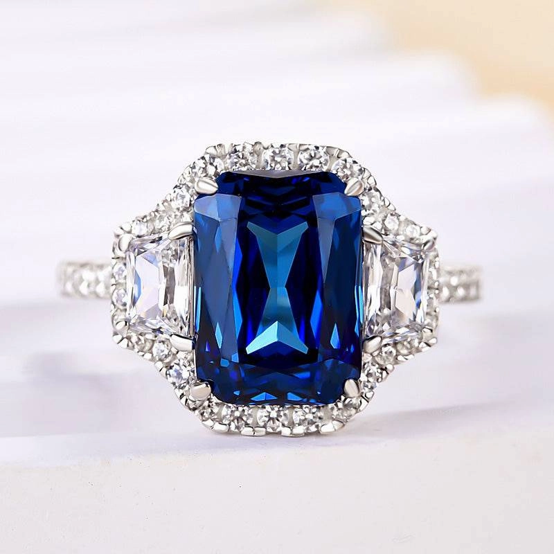 Louily Halo Blue Sapphire Cushion Cut Three Stone Engagement Ring In Sterling Silver Layered Look