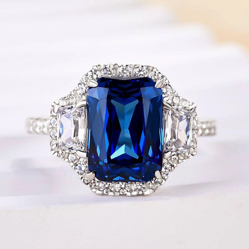 Louily Halo Blue Sapphire Cushion Cut Three Stone Engagement Ring In Sterling Silver Luxury Tone