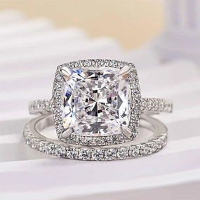 Louily Halo Cushion Cut Wedding Ring Set In Sterling Silver Radiant Finish Pieces