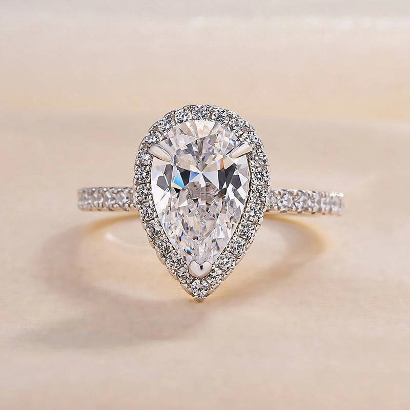 Louily Halo Pear Cut Engagement Ring In Sterling Silver Flirty Look Sculpted Touch