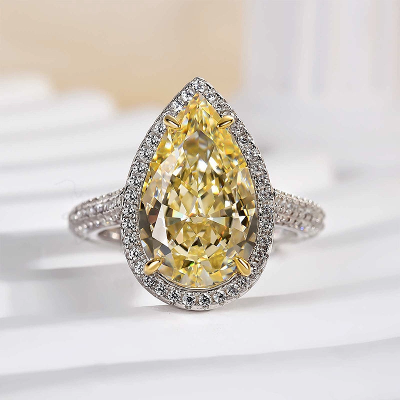 Louily Halo Pear Cut Simulated Diamond Yellow Sapphire Engagement Ring In Sterling Silver Fashion Pop Gala Look