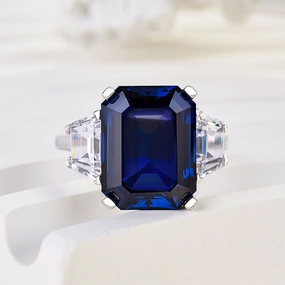 Louily Honorable Blue Sapphire Emerald Cut Three Stone Engagement Ring Elegant Touch