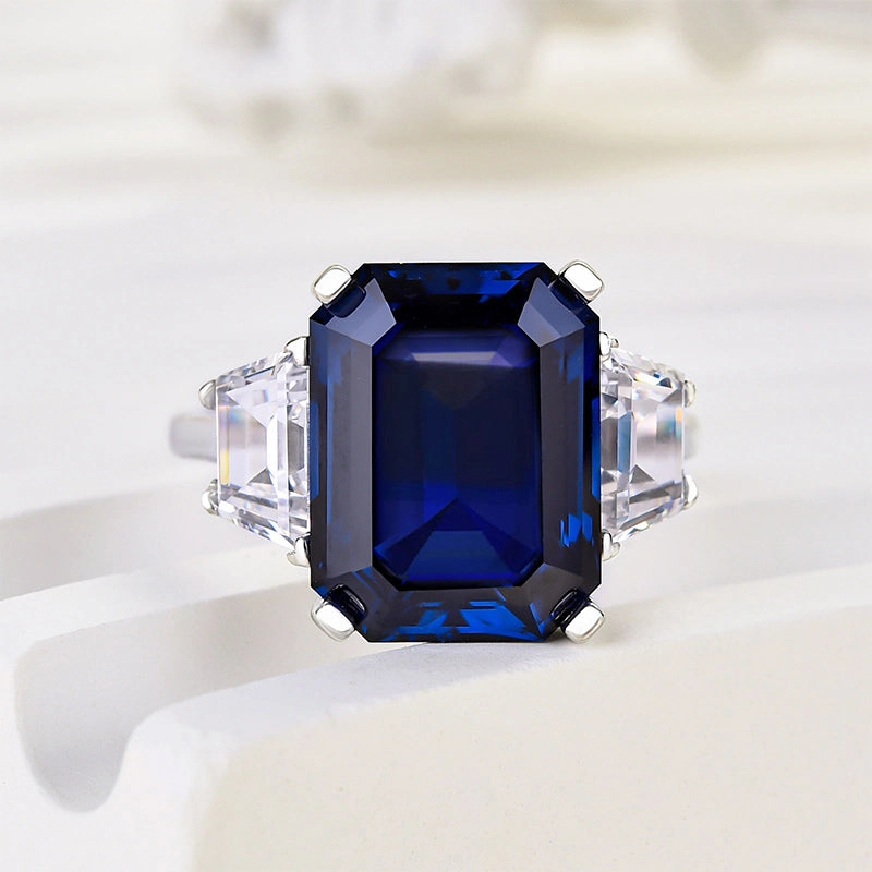 Louily Honorable Blue Sapphire Emerald Cut Three Stone Engagement Ring Gift For Her Timeless Charm