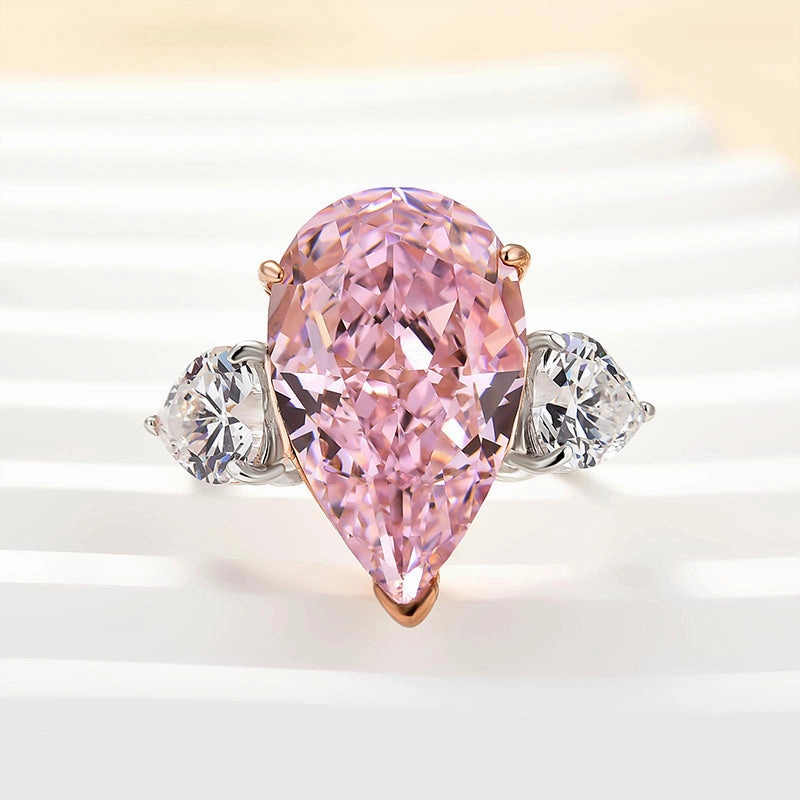 Muted Glow Artisan Highlight Louily Lovely Pink Stone Pear Cut Three Stone Engagement Ring