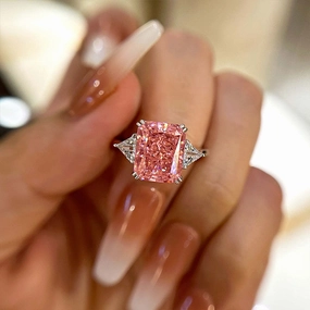 Louily Lovely Radiant Cut Three Stone Pink Stone Engagement Ring Festive Outfit Celebration Look