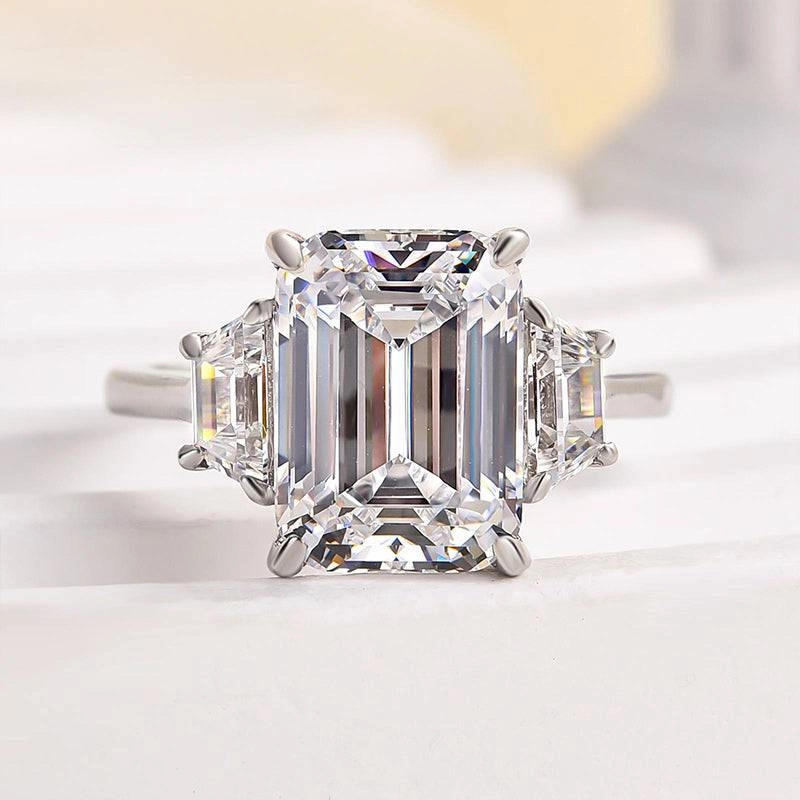 Louily Luxury Three Stone Emerald Cut Engagement Ring Romantic Moment