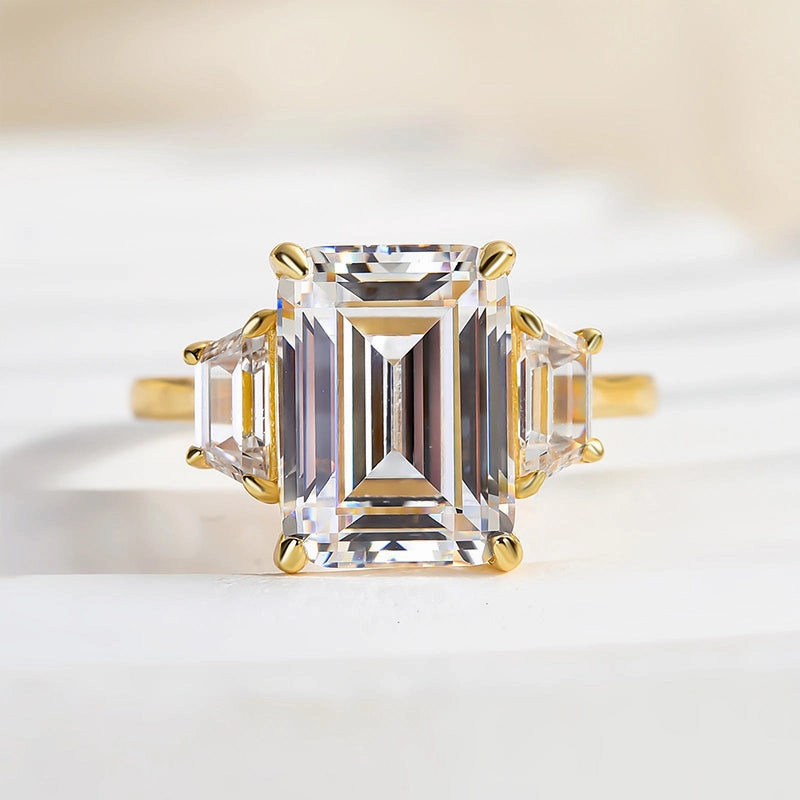 Louily Luxury Three Stone Emerald Cut Engagement Ring party look Elegant Jewelry