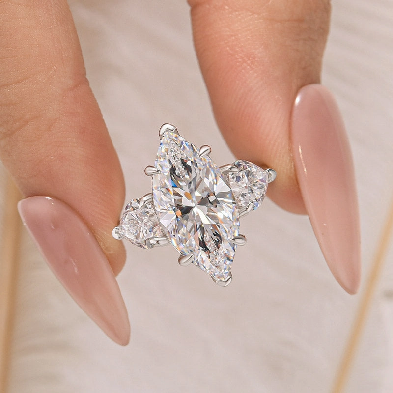 Contemporary Form Luxury Design Pieces Louily Marquise Cut Three Stone Engagement Ring In Sterling Silver