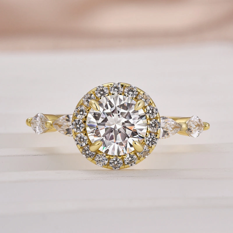 Louily Moissanite 1.0 Ct Halo Round Cut Yellow Gold Promise Ring Sculpted Shape Effortless Glow