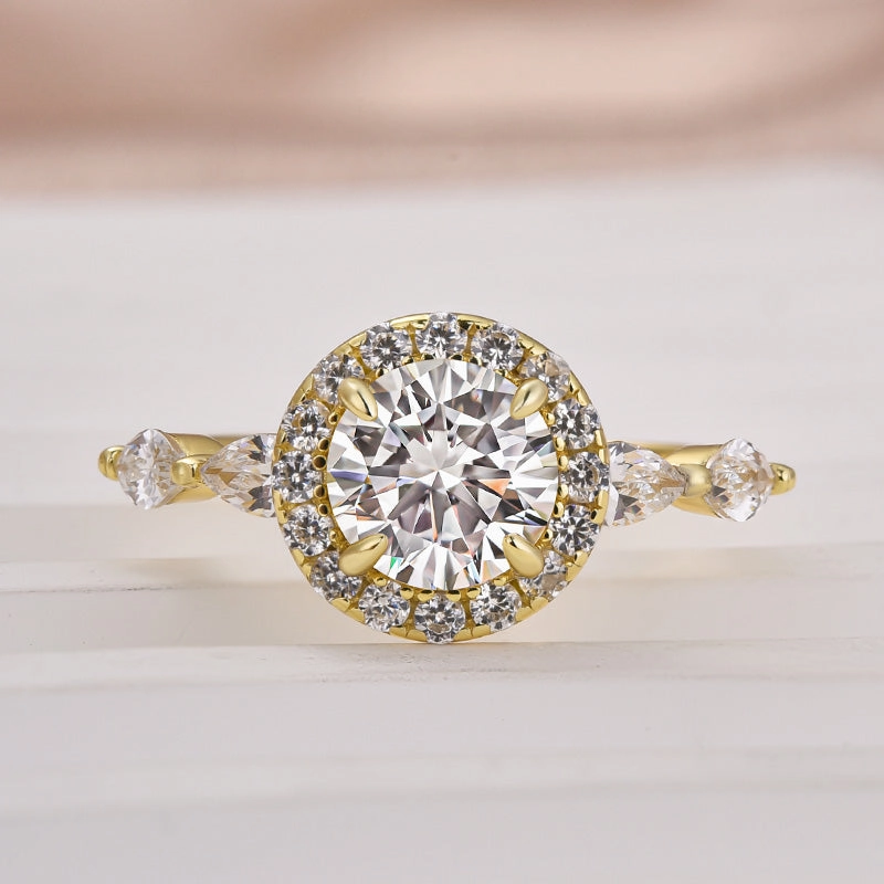 Louily Moissanite 1.0 Ct Halo Round Cut Yellow Gold Promise Ring Premium Quality Cool Contrast