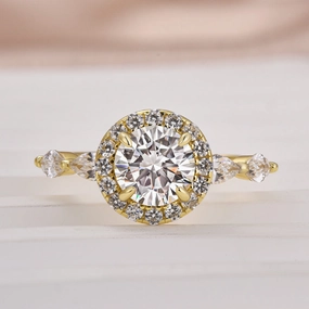 Louily Moissanite 1.0 Ct Halo Round Cut Yellow Gold Promise Ring Sculpted Shape Effortless Glow