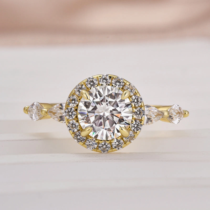 Simple Look Louily Moissanite 1.0 Ct Halo Round Cut Yellow Gold Promise Ring