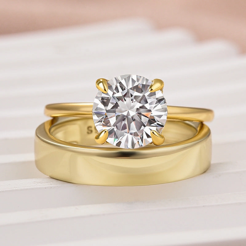 Louily Moissanite 2.0 Carat Round Cut Yellow Gold Wedding Ring Set With Wide Wedding Band Layered Finish