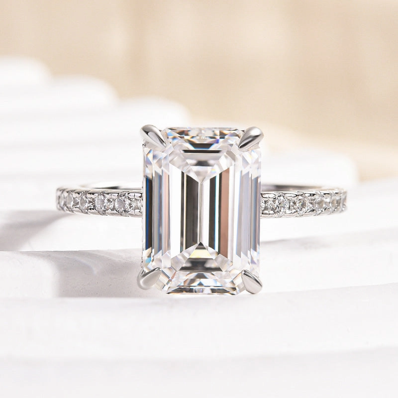 Louily Moissanite 3.5 Carat Emerald Cut Engagement Ring Shimmering Accent