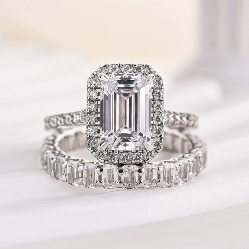 Louily Noble Halo Emerald Cut Wedding Ring Set Classic Pieces