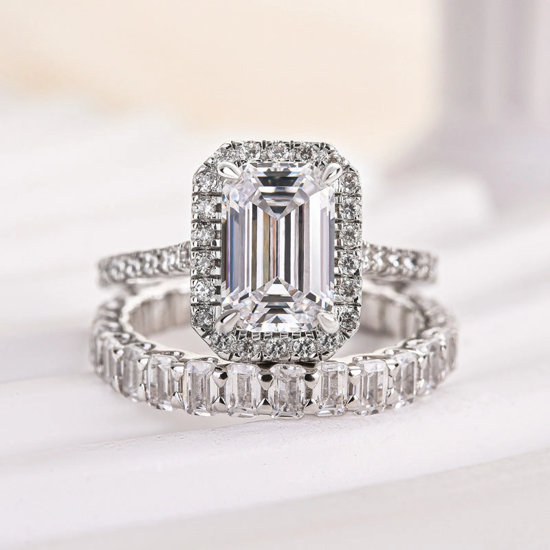Casual Chic Louily Noble Halo Emerald Cut Wedding Ring Set