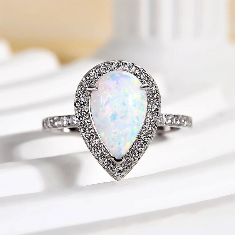 Louily Opal Stone Pear Cut Engagement Ring In Sterling Silver Polished Detail Ornate Accent
