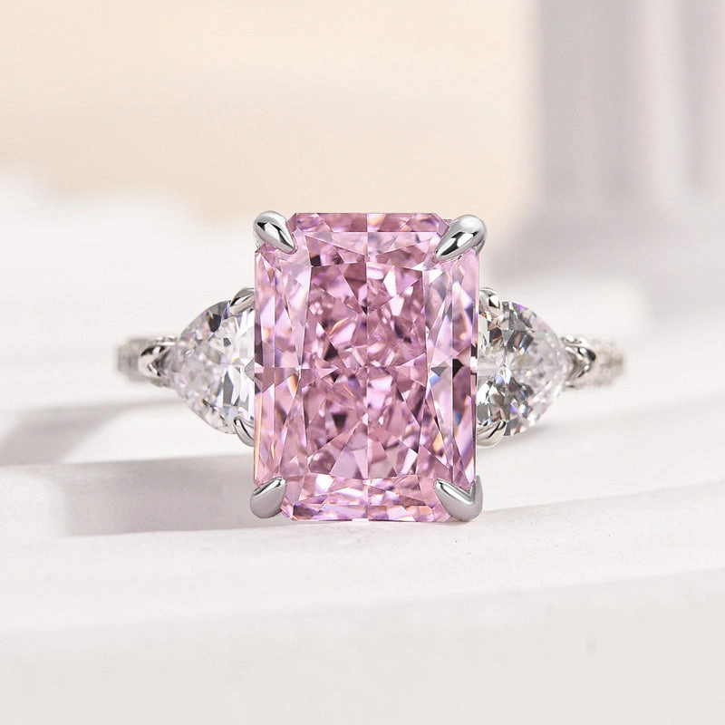 Louily Pink Stone Radiant Cut Three Stone Engagement Ring Delicate Charm