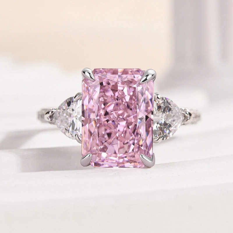 Louily Pink Stone Radiant Cut Three Stone Engagement Ring Luxurious Style Statement Glow