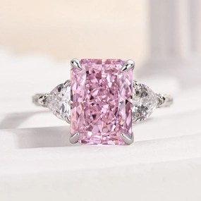 Louily Pink Stone Radiant Cut Three Stone Engagement Ring Radiant Shine Look Timeless Pair