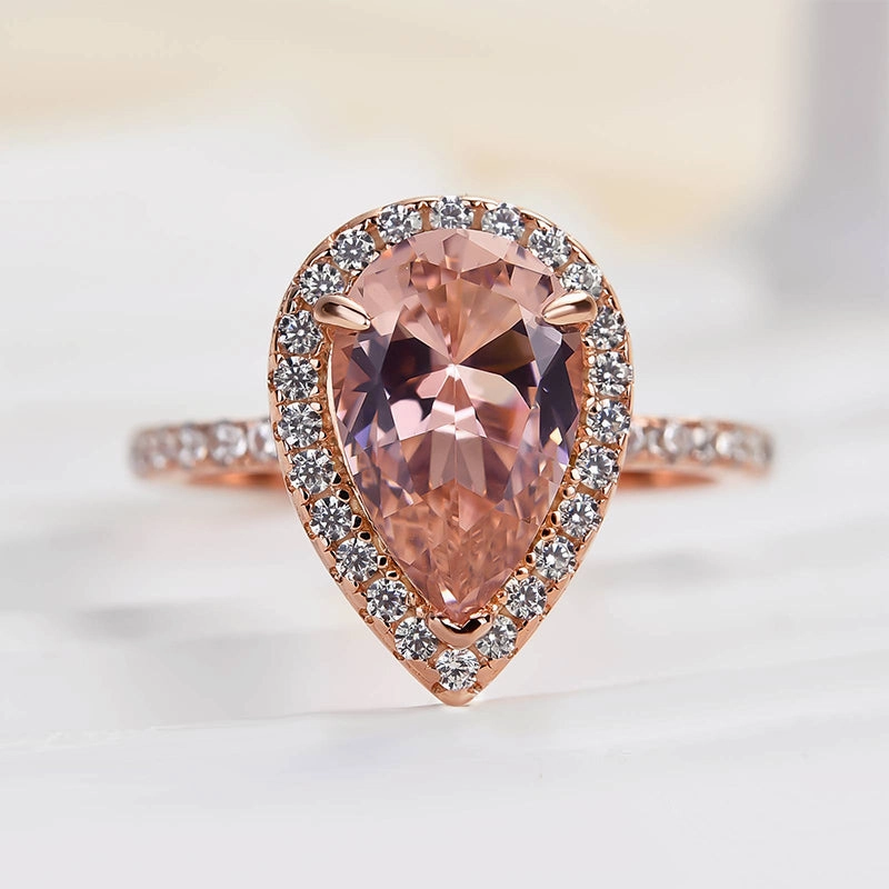 Louily Rose Gold Halo Pear Cut Synthetic Morganite Engagement Ring Silver Edge Dazzling Jewelry