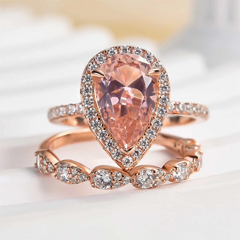 Lightweight Glam Louily Rose Gold Halo Pear Cut Synthetic Morganite Wedding Set