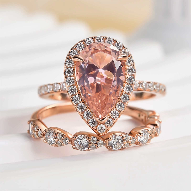 Louily Rose Gold Halo Pear Cut Synthetic Morganite Wedding Set Formal Event Work Accent