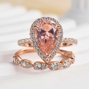 Cultural Touch Louily Rose Gold Halo Pear Cut Synthetic Morganite Wedding Set