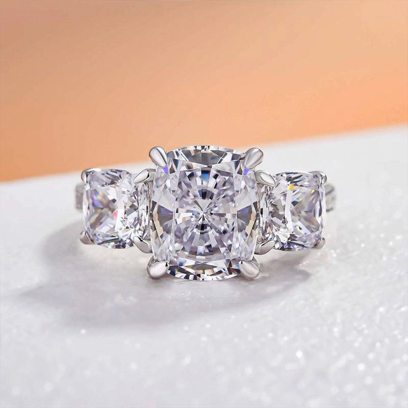 Louily Stunning Cushion Cut Three Stone Engagement Ring In Sterling Silver Airy Light Graceful Flow
