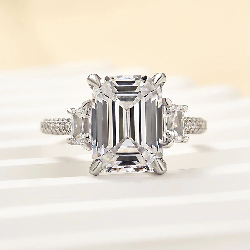 Louily Stunning Emerald Cut Three Stone Engagement Ring In Sterling Silver All ages Refined Pieces