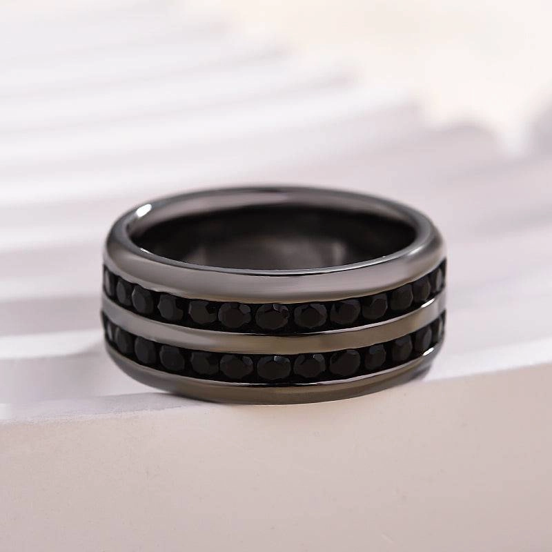 Everyday Wear Casual Charm Louily Two Row Design Black Gold Black Sapphire Men's Wide Wedding Band In 925 Sterling Silver