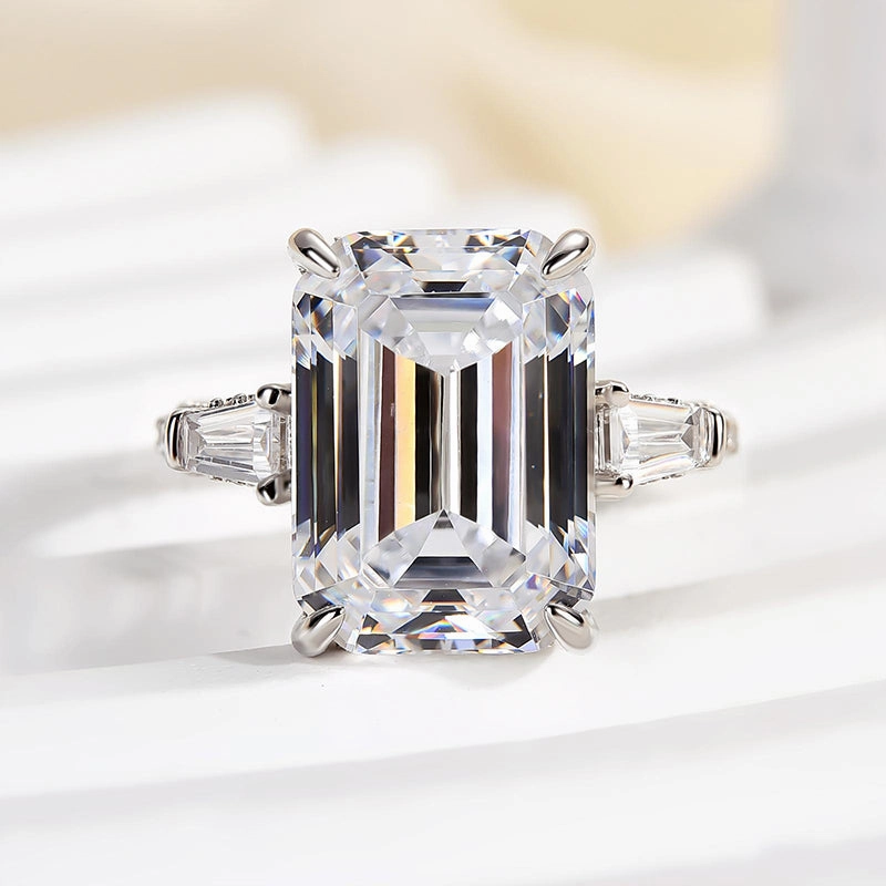 Everyday Luxury Louily Unique Emerald Cut Three Stone Engagement Ring In Sterling Silver