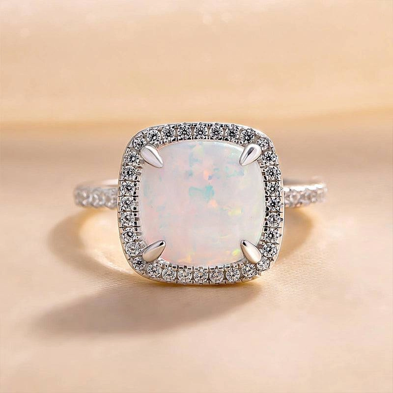 Chic Flow Louily Unique Halo Cushion Cut Opal Stone Engagement Ring In Sterling Silver
