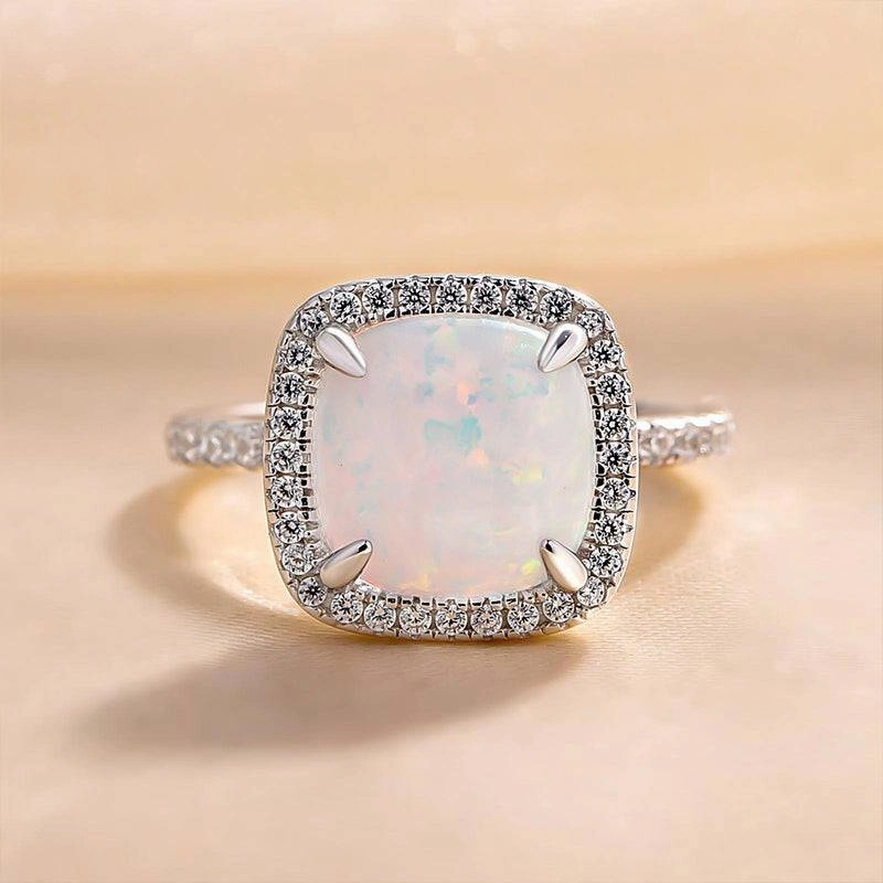 Chic Line Modern Snap Louily Unique Halo Cushion Cut Opal Stone Engagement Ring In Sterling Silver
