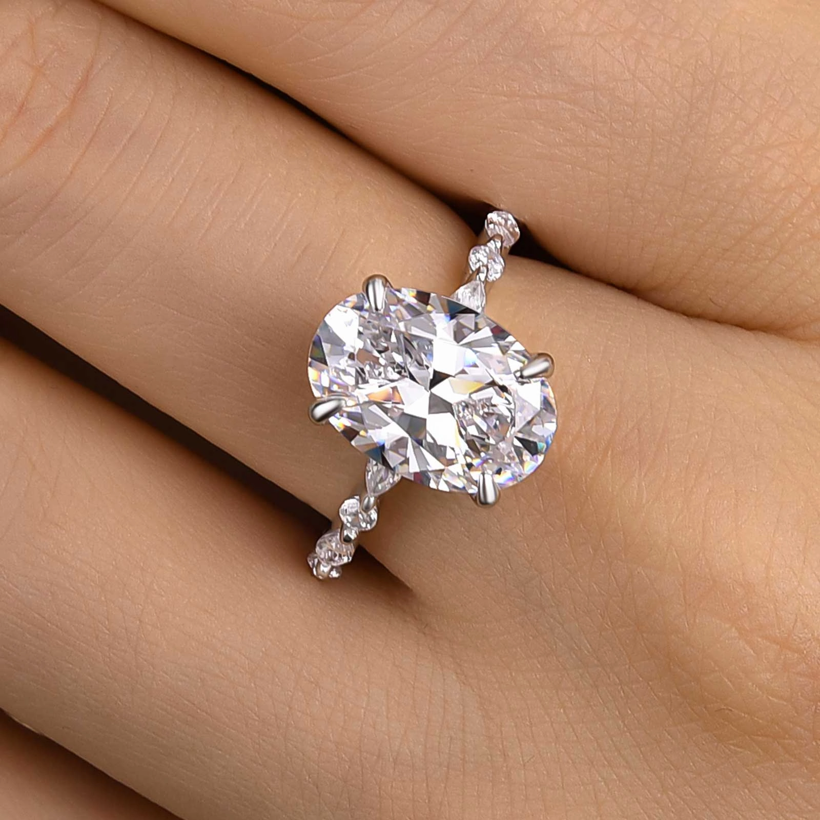 Louily Unique Oval Cut Engagement Ring In Sterling Silver Unique Craftwork Shiny Texture