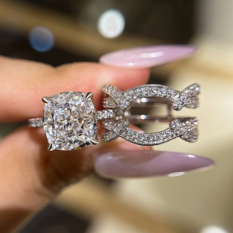 Sleek Outline Runway Inspired Louily Vintage Cushion Cut Insert Wedding Ring Set For Women In Sterling Silver